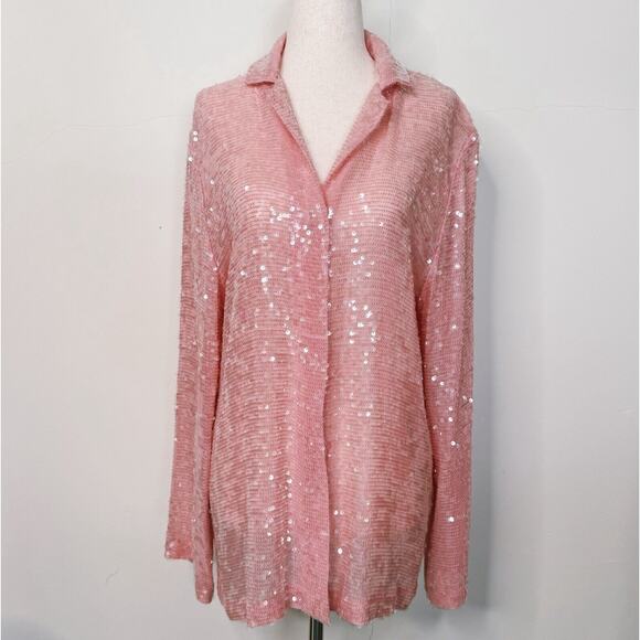 Markarian Womens Top Pink Sequin Chiffon Shirt Pink Zephyrus Celebrity Barbie S - Picture 1 of 15